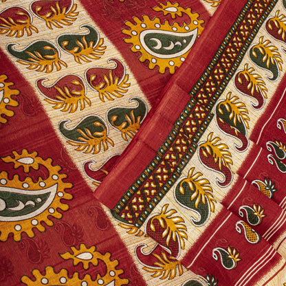 Sanskriti Vintage Saree Red Pure Cotton Paisley Printed Sari Craft Fabric 5+Yard