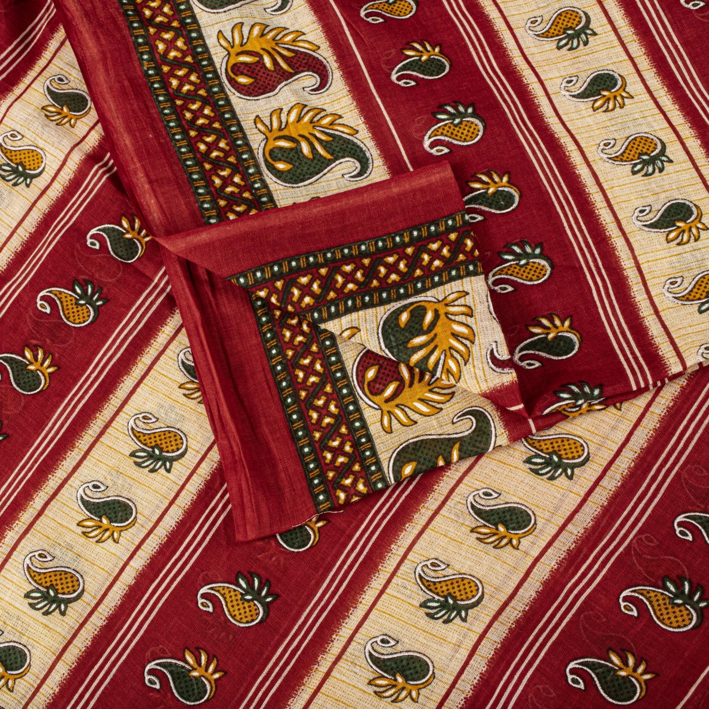 Sanskriti Vintage Saree Red Pure Cotton Paisley Printed Sari Craft Fabric 5+Yard