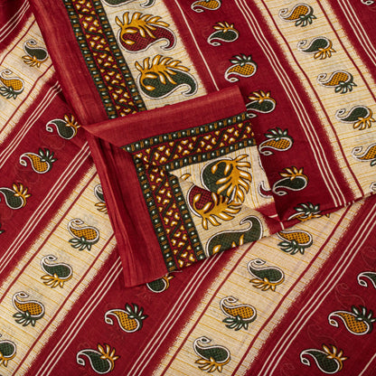 Sanskriti Vintage Saree Red Pure Cotton Paisley Printed Sari Craft Fabric 5+Yard