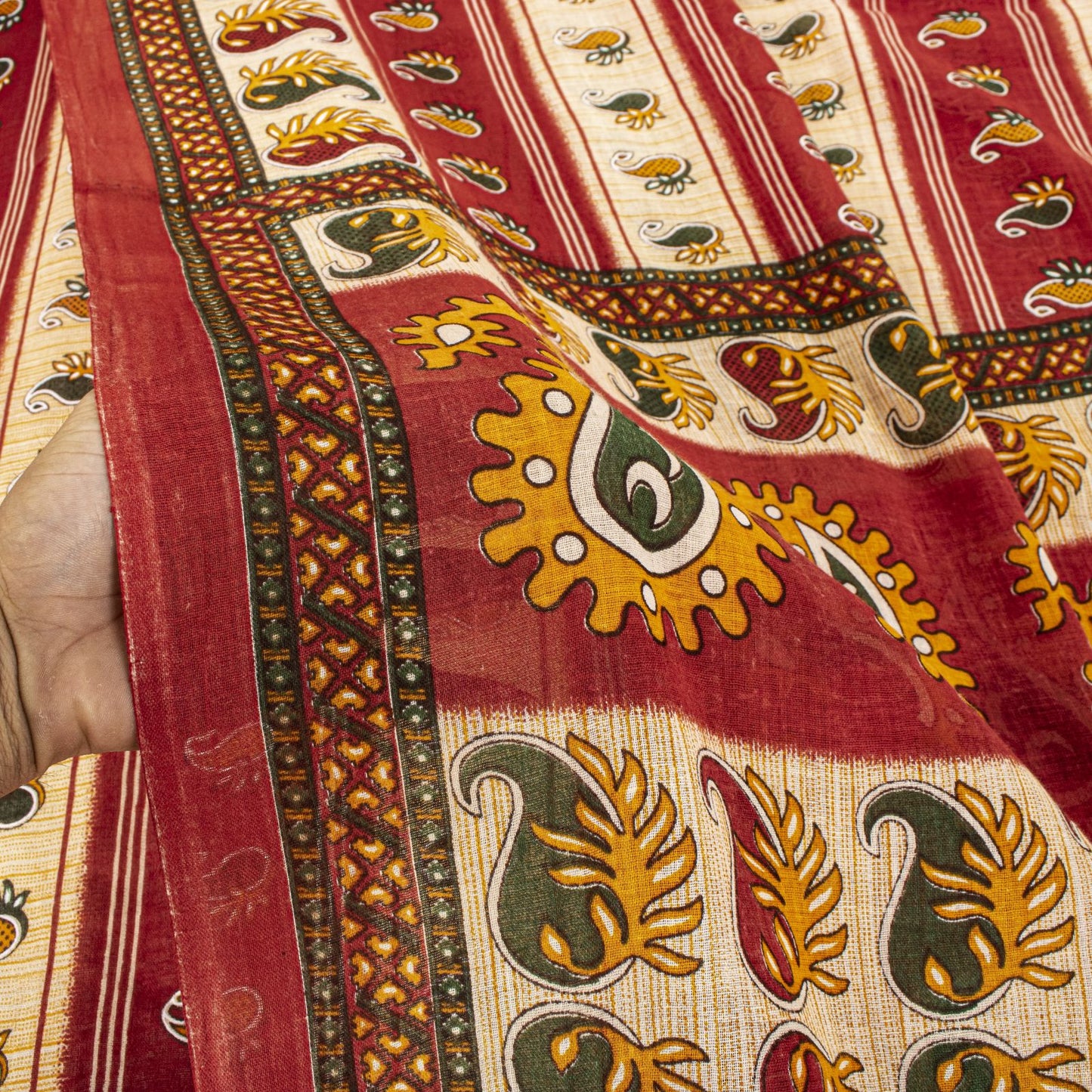 Sanskriti Vintage Saree Red Pure Cotton Paisley Printed Sari Craft Fabric 5+Yard