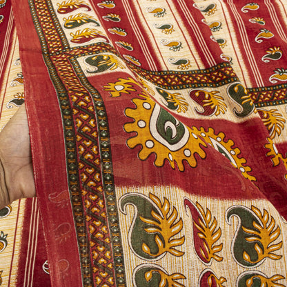 Sanskriti Vintage Saree Red Pure Cotton Paisley Printed Sari Craft Fabric 5+Yard