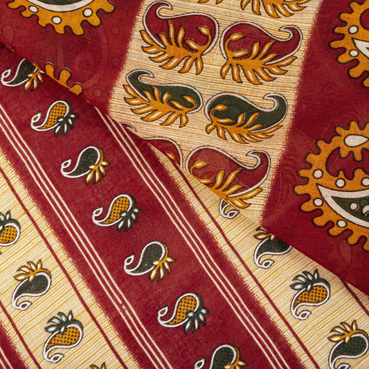 Sanskriti Vintage Saree Red Pure Cotton Paisley Printed Sari Craft Fabric 5+Yard