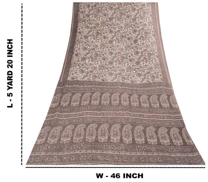 Sanskriti Vintage Saree White-Gray Pure Cotton Printed Sari Craft Fabric 5+Yard