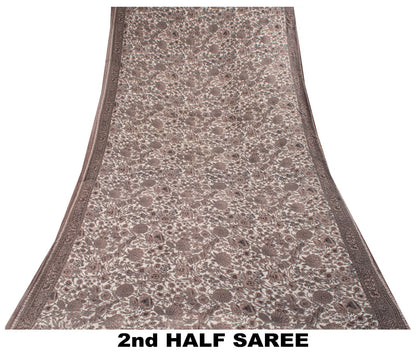 Sanskriti Vintage Saree White-Gray Pure Cotton Printed Sari Craft Fabric 5+Yard