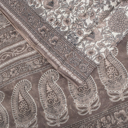 Sanskriti Vintage Saree White-Gray Pure Cotton Printed Sari Craft Fabric 5+Yard