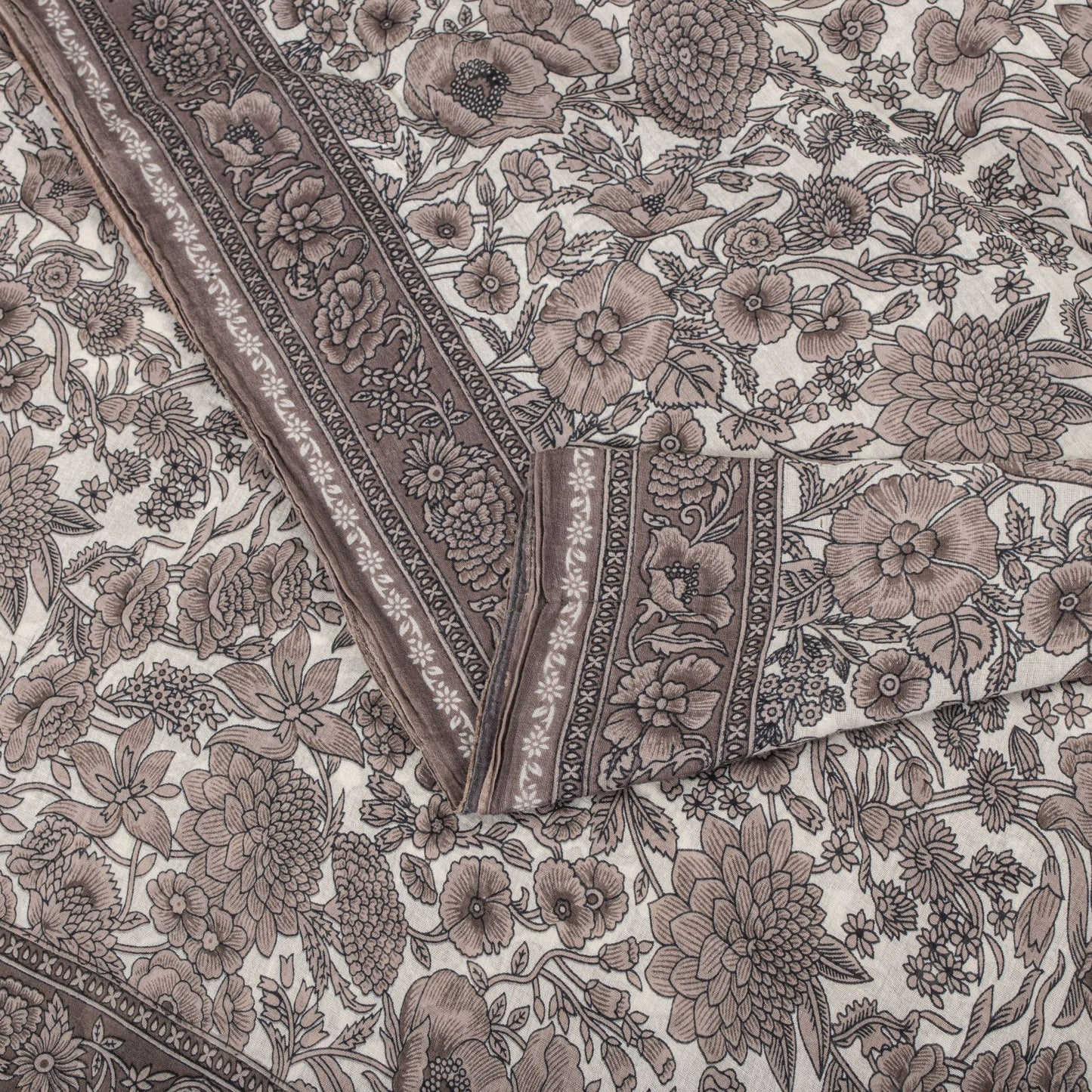 Sanskriti Vintage Saree White-Gray Pure Cotton Printed Sari Craft Fabric 5+Yard