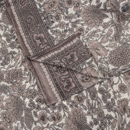 Sanskriti Vintage Saree White-Gray Pure Cotton Printed Sari Craft Fabric 5+Yard