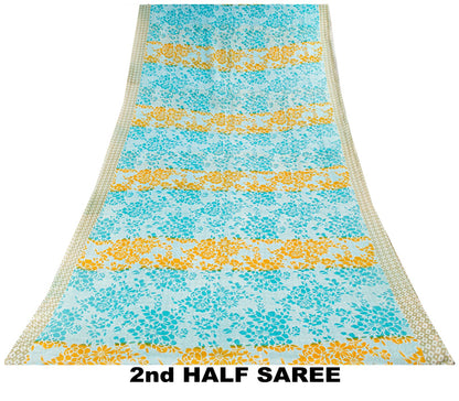 Sanskriti Vintage Saree Blue Pure Cotton Geometric Printed Sari Fabric 5+Yard
