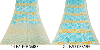 Sanskriti Vintage Saree Blue Pure Cotton Geometric Printed Sari Fabric 5+Yard