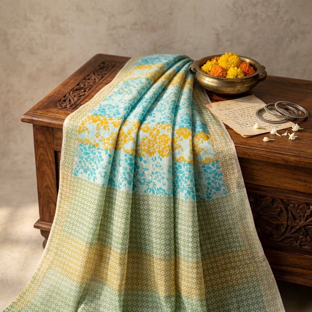Sanskriti Vintage Saree Blue Pure Cotton Geometric Printed Sari Fabric 5+Yard