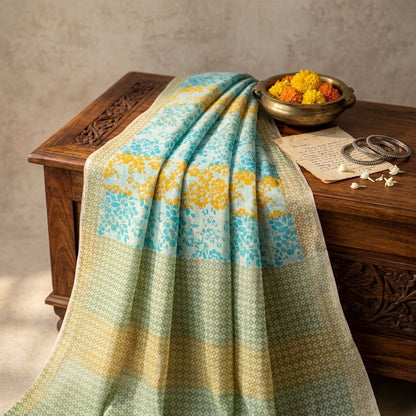 Sanskriti Vintage Saree Blue Pure Cotton Geometric Printed Sari Fabric 5+Yard