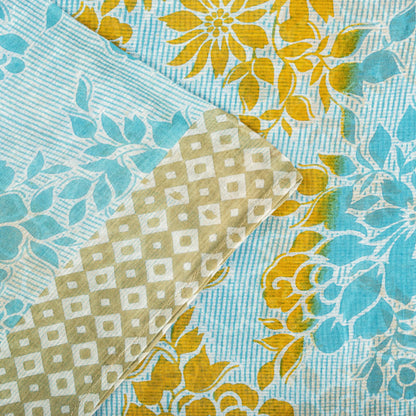 Sanskriti Vintage Saree Blue Pure Cotton Geometric Printed Sari Fabric 5+Yard