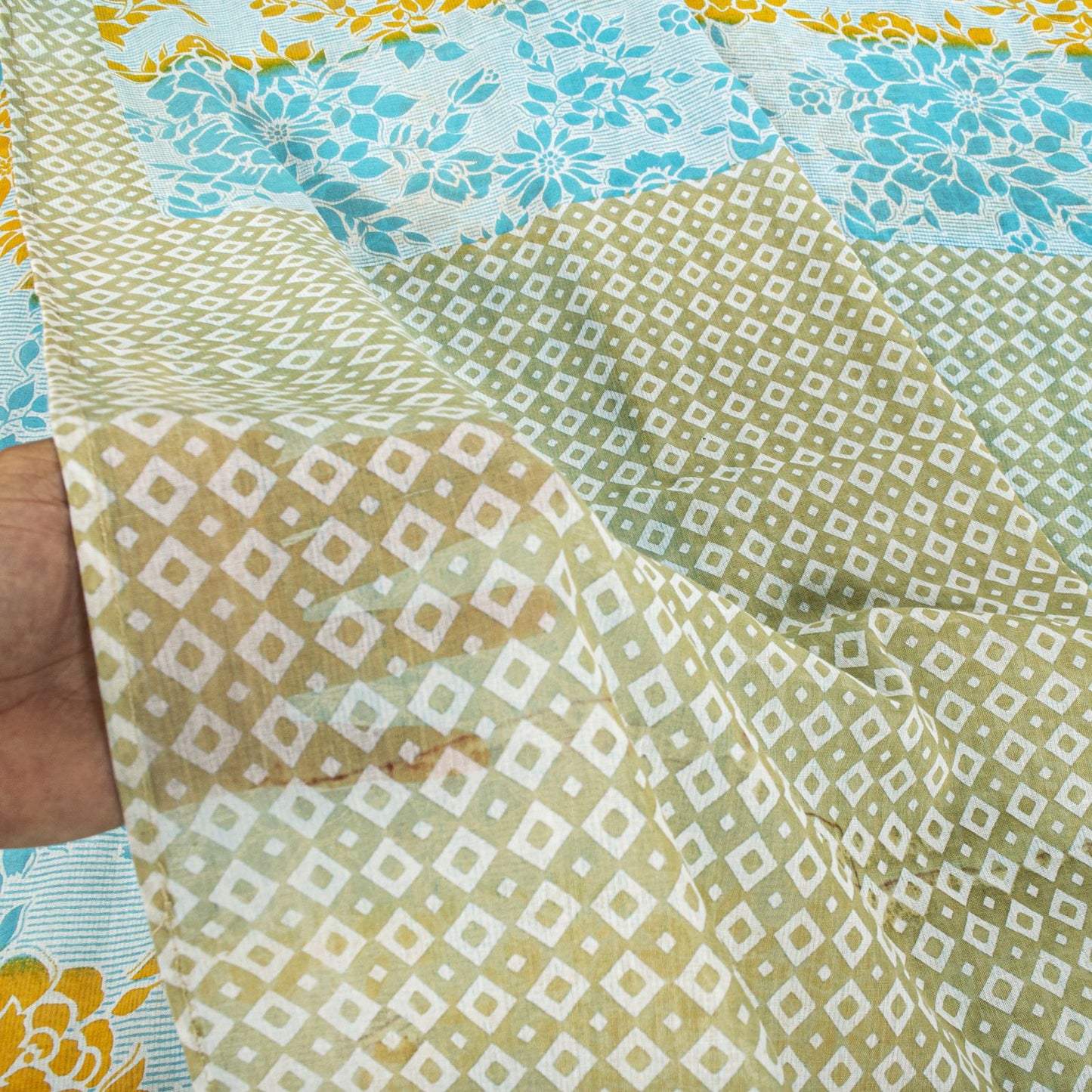 Sanskriti Vintage Saree Blue Pure Cotton Geometric Printed Sari Fabric 5+Yard