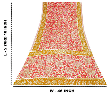 Sanskriti Vintage Saree Red Pure Cotton Floral Printed Sari Craft Fabric 5+Yard