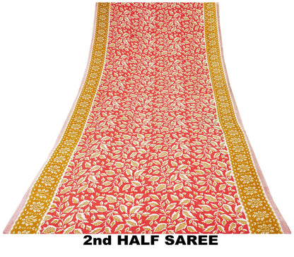 Sanskriti Vintage Saree Red Pure Cotton Floral Printed Sari Craft Fabric 5+Yard