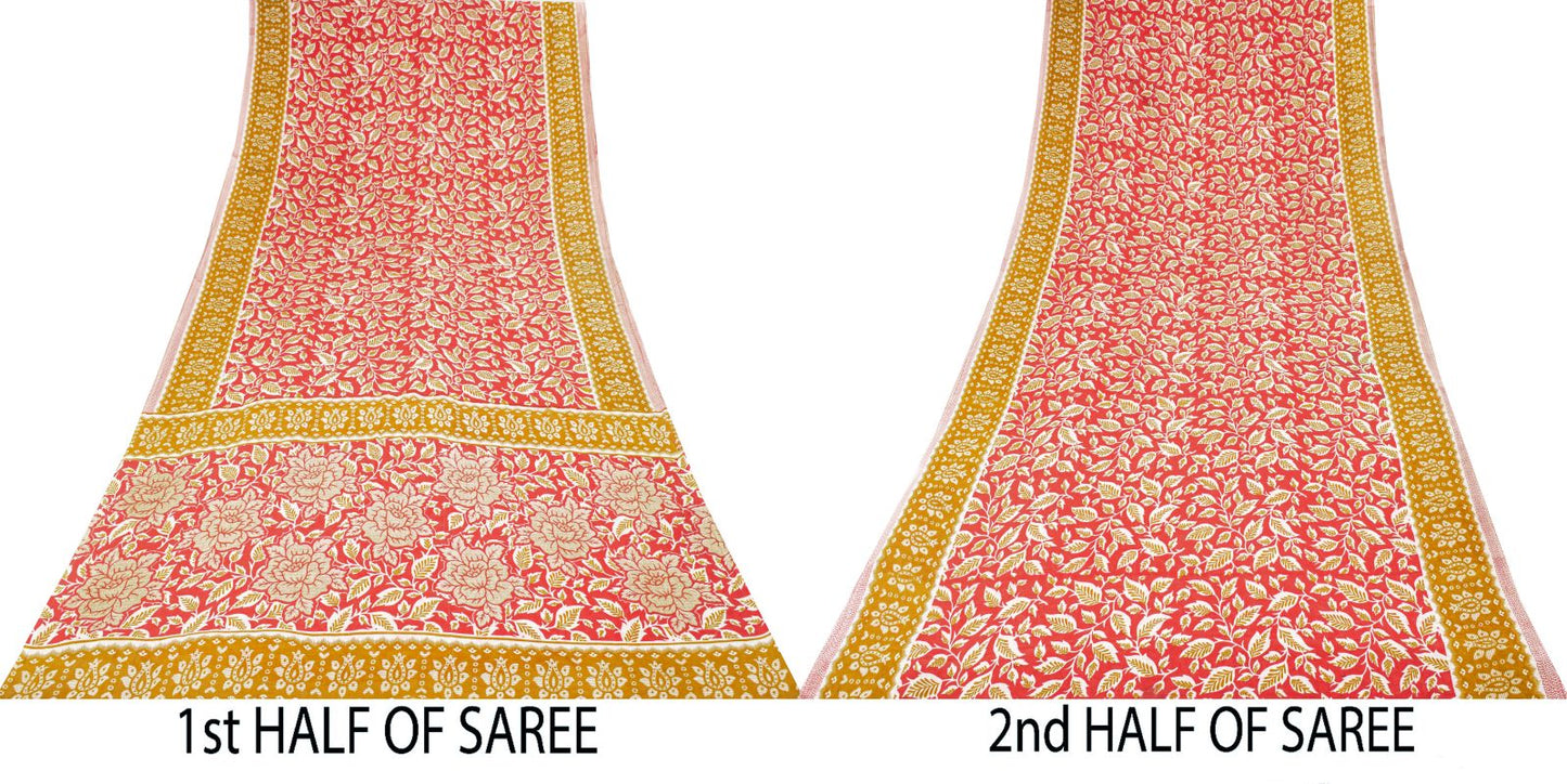 Sanskriti Vintage Saree Red Pure Cotton Floral Printed Sari Craft Fabric 5+Yard