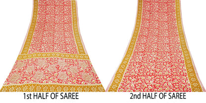 Sanskriti Vintage Saree Red Pure Cotton Floral Printed Sari Craft Fabric 5+Yard