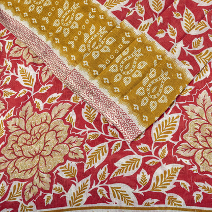 Sanskriti Vintage Saree Red Pure Cotton Floral Printed Sari Craft Fabric 5+Yard