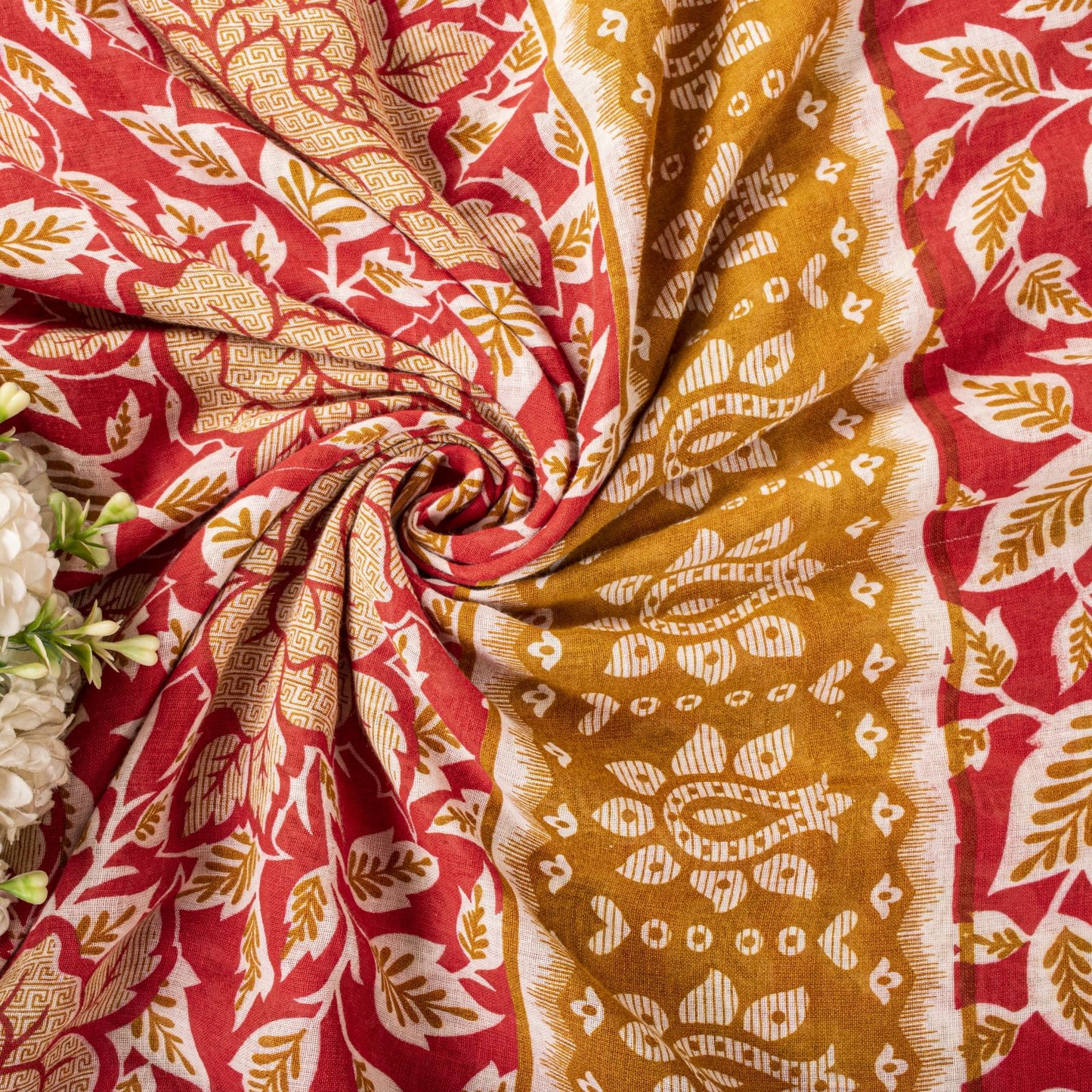 Sanskriti Vintage Saree Red Pure Cotton Floral Printed Sari Craft Fabric 5+Yard