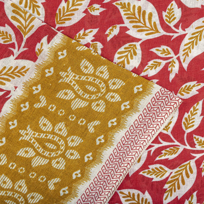 Sanskriti Vintage Saree Red Pure Cotton Floral Printed Sari Craft Fabric 5+Yard