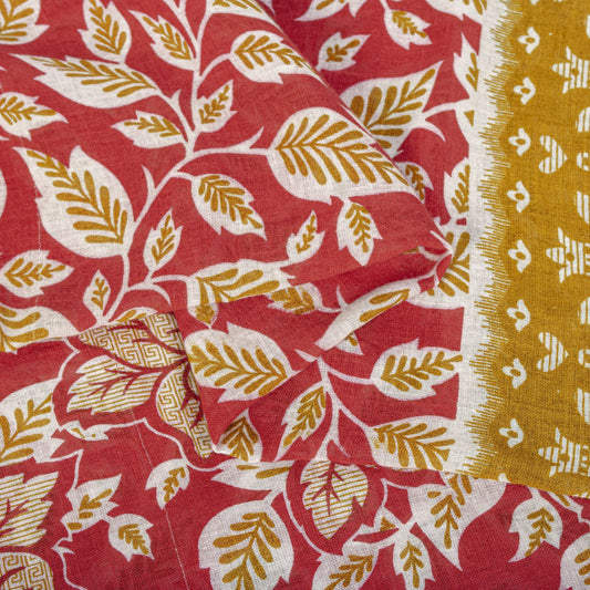 Sanskriti Vintage Saree Red Pure Cotton Floral Printed Sari Craft Fabric 5+Yard