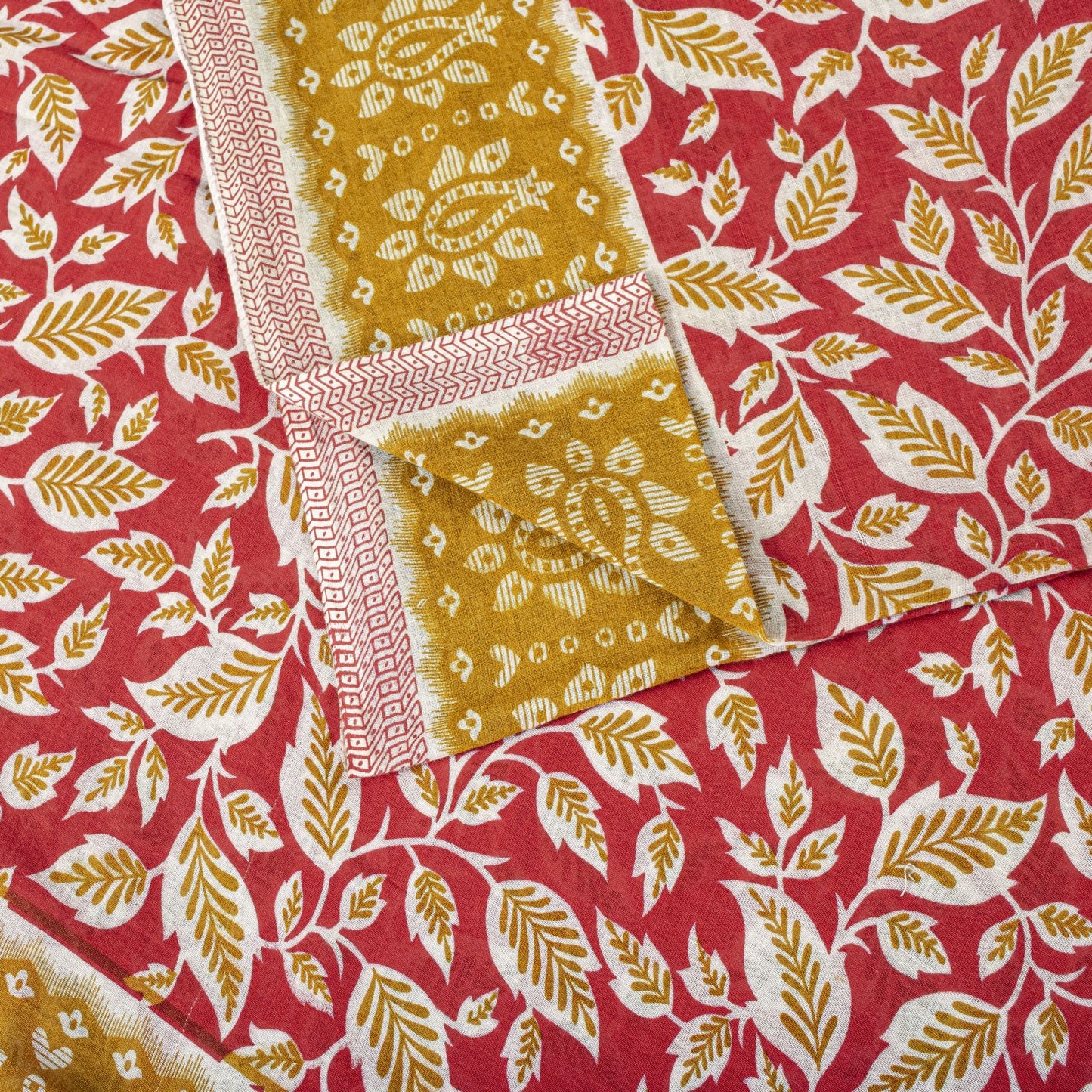 Sanskriti Vintage Saree Red Pure Cotton Floral Printed Sari Craft Fabric 5+Yard