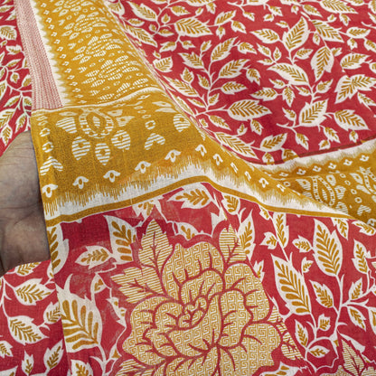 Sanskriti Vintage Saree Red Pure Cotton Floral Printed Sari Craft Fabric 5+Yard