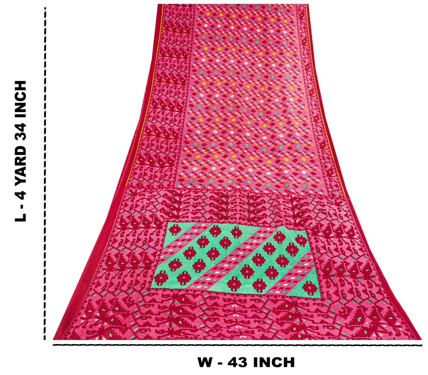 Sanskriti Vintage Saree Pink Pure Cotton Jamdani Printed Sari Fabric 4.5+Yard