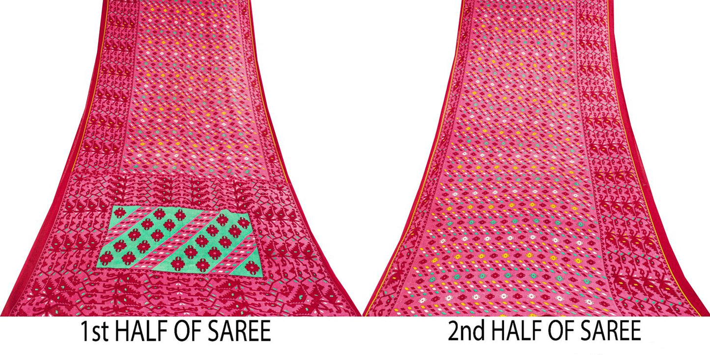 Sanskriti Vintage Saree Pink Pure Cotton Jamdani Printed Sari Fabric 4.5+Yard