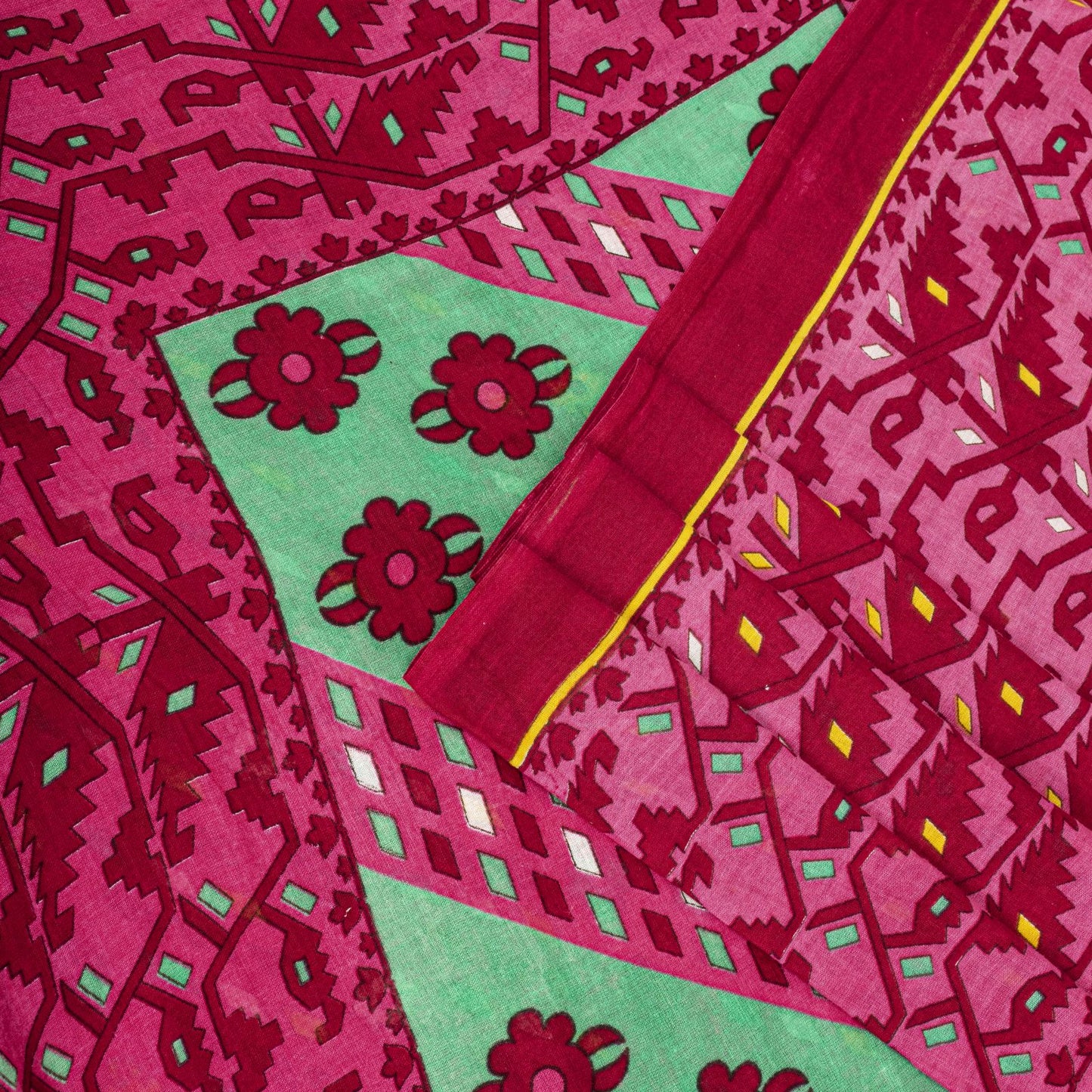 Sanskriti Vintage Saree Pink Pure Cotton Jamdani Printed Sari Fabric 4.5+Yard