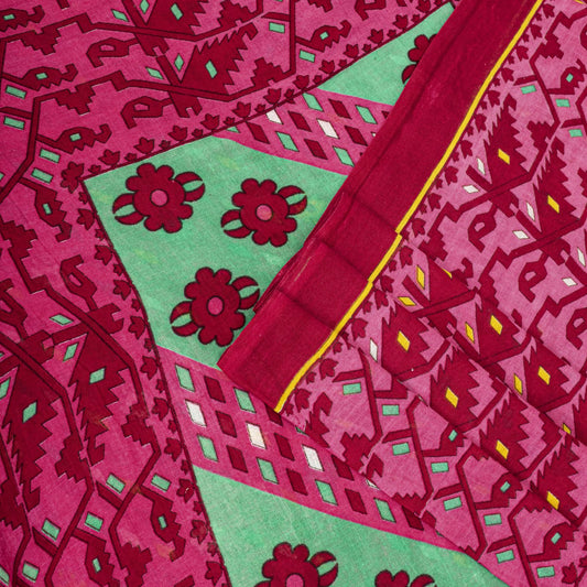 Sanskriti Vintage Saree Pink Pure Cotton Jamdani Printed Sari Fabric 4.5+Yard