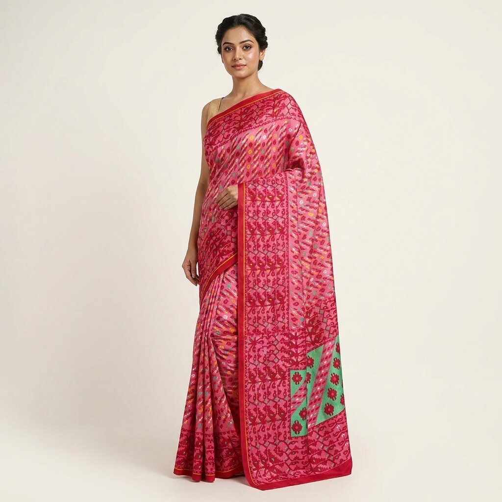 Sanskriti Vintage Saree Pink Pure Cotton Jamdani Printed Sari Fabric 4.5+Yard
