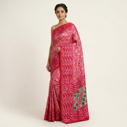 Sanskriti Vintage Saree Pink Pure Cotton Jamdani Printed Sari Fabric 4.5+Yard