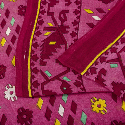 Sanskriti Vintage Saree Pink Pure Cotton Jamdani Printed Sari Fabric 4.5+Yard