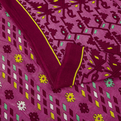 Sanskriti Vintage Saree Pink Pure Cotton Jamdani Printed Sari Fabric 4.5+Yard