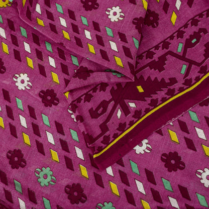 Sanskriti Vintage Saree Pink Pure Cotton Jamdani Printed Sari Fabric 4.5+Yard