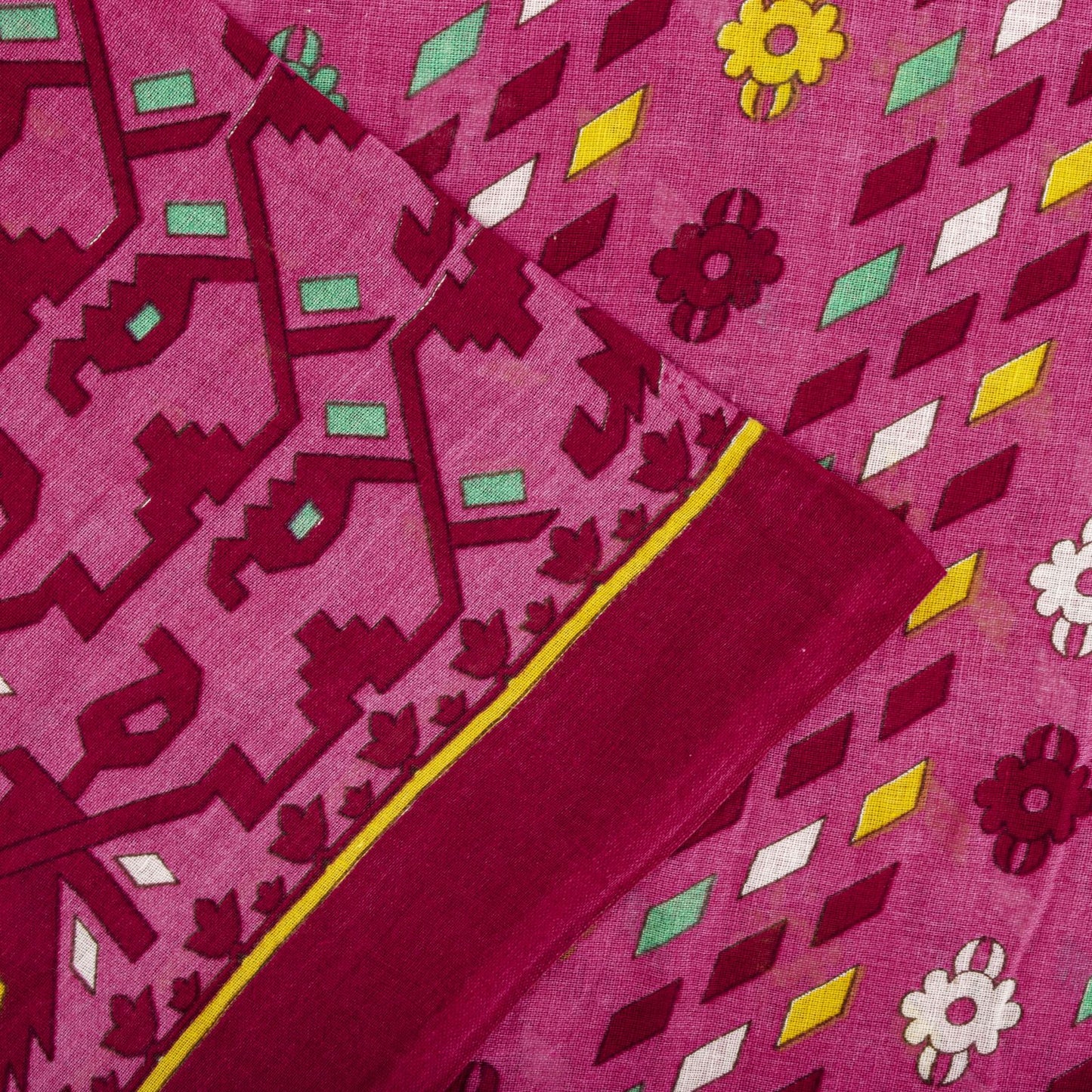 Sanskriti Vintage Saree Pink Pure Cotton Jamdani Printed Sari Fabric 4.5+Yard