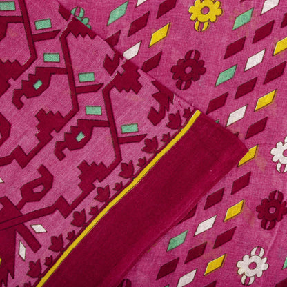 Sanskriti Vintage Saree Pink Pure Cotton Jamdani Printed Sari Fabric 4.5+Yard