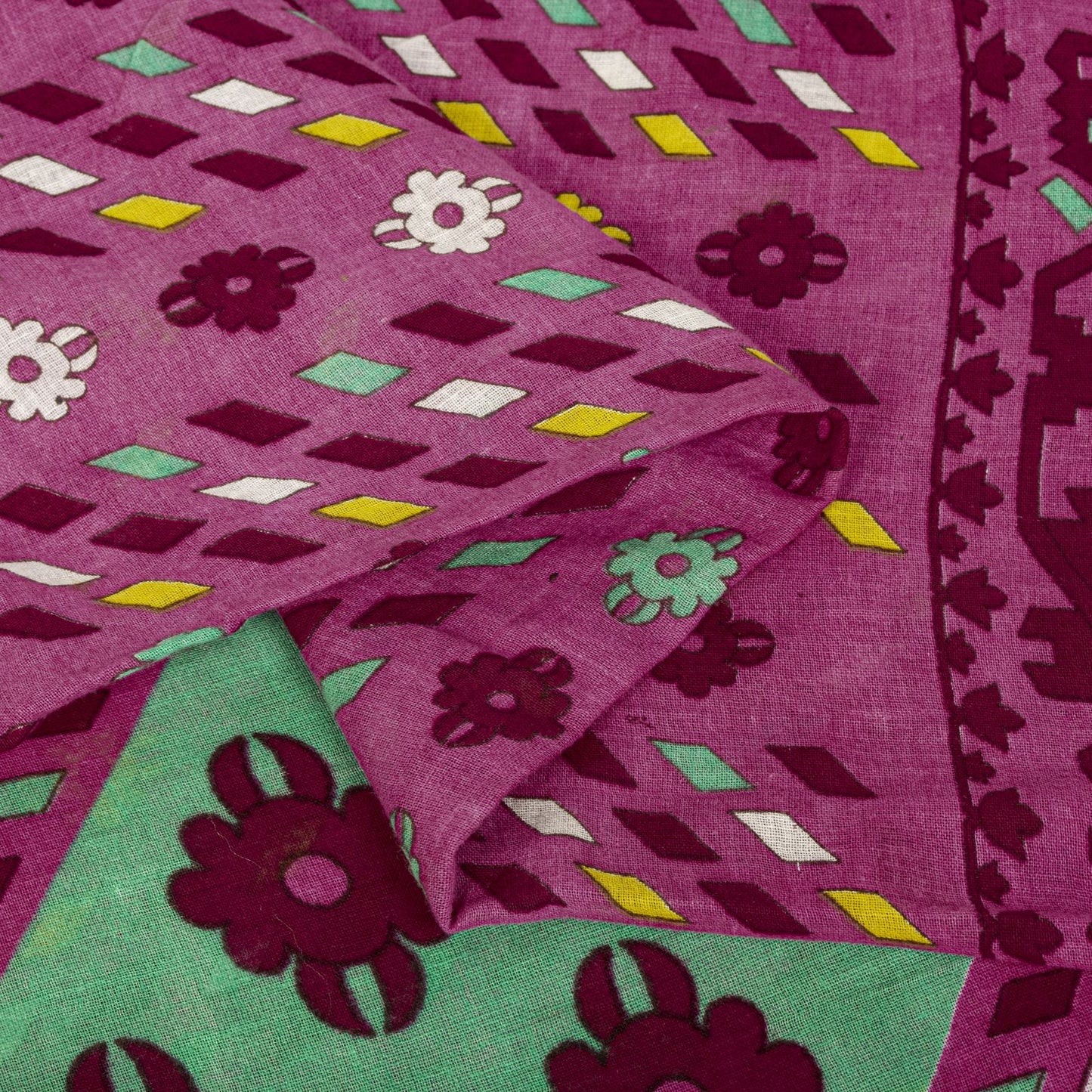 Sanskriti Vintage Saree Pink Pure Cotton Jamdani Printed Sari Fabric 4.5+Yard