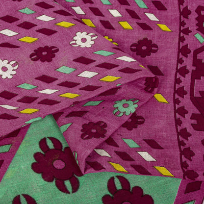 Sanskriti Vintage Saree Pink Pure Cotton Jamdani Printed Sari Fabric 4.5+Yard