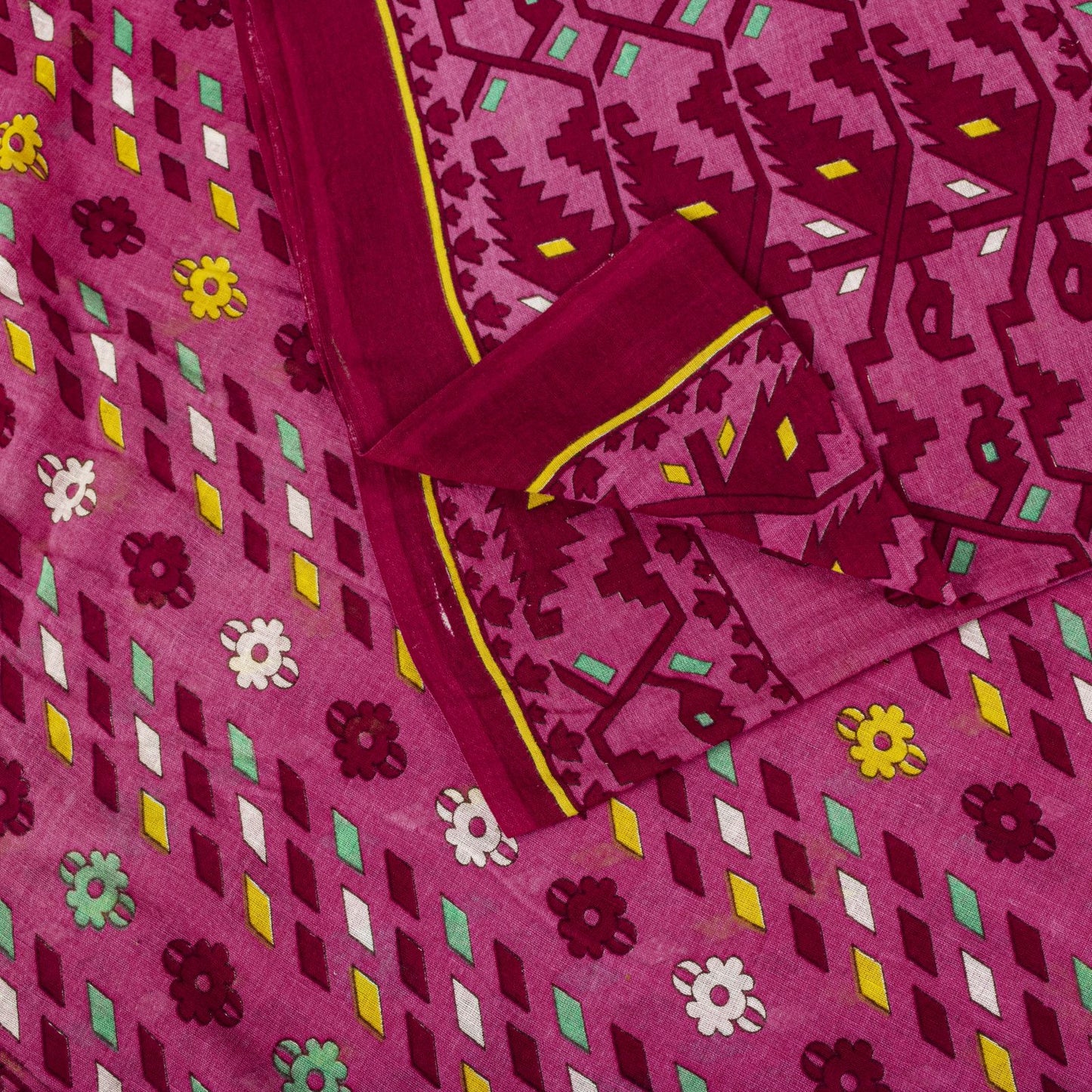 Sanskriti Vintage Saree Pink Pure Cotton Jamdani Printed Sari Fabric 4.5+Yard