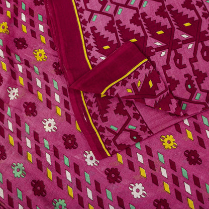 Sanskriti Vintage Saree Pink Pure Cotton Jamdani Printed Sari Fabric 4.5+Yard