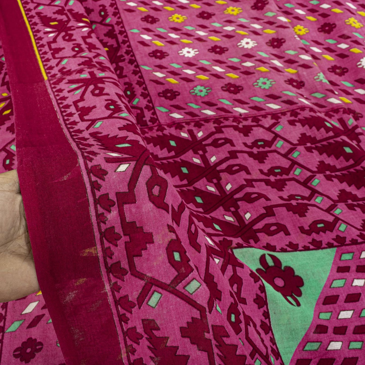 Sanskriti Vintage Saree Pink Pure Cotton Jamdani Printed Sari Fabric 4.5+Yard