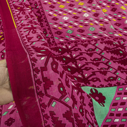 Sanskriti Vintage Saree Pink Pure Cotton Jamdani Printed Sari Fabric 4.5+Yard