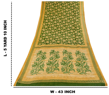 Sanskriti Vintage Saree Green Pure Cotton Floral Print Sari Craft Fabric 5+Yard