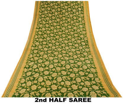 Sanskriti Vintage Saree Green Pure Cotton Floral Print Sari Craft Fabric 5+Yard