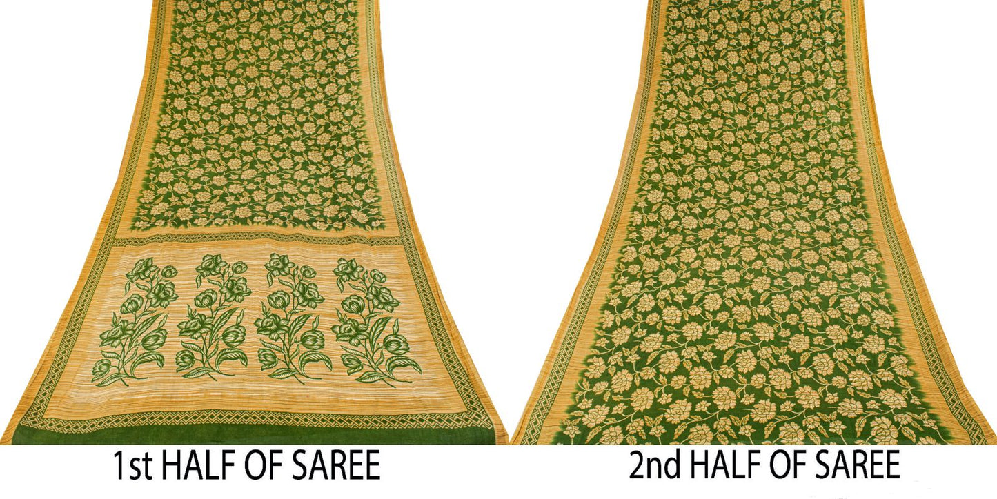 Sanskriti Vintage Saree Green Pure Cotton Floral Print Sari Craft Fabric 5+Yard