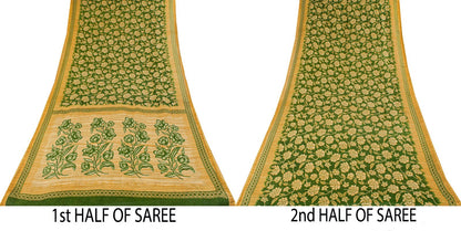 Sanskriti Vintage Saree Green Pure Cotton Floral Print Sari Craft Fabric 5+Yard