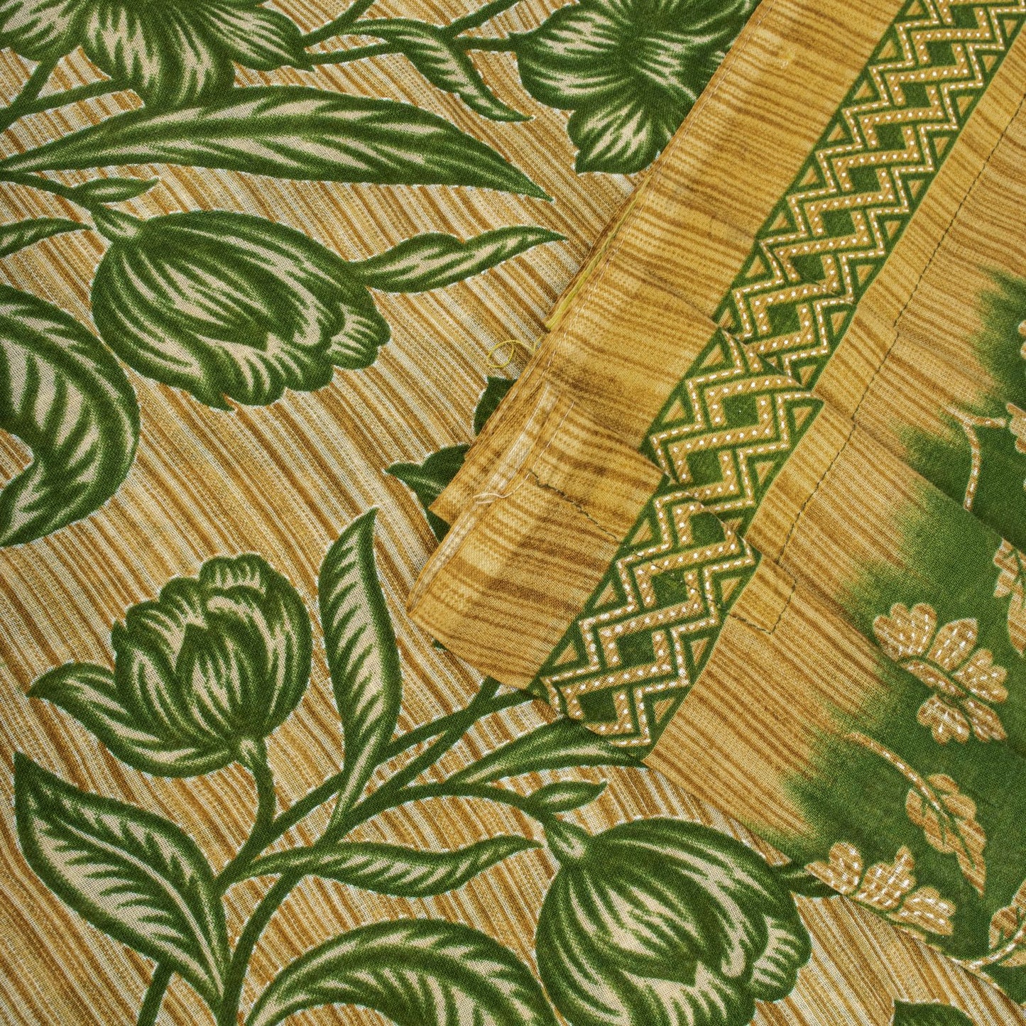 Sanskriti Vintage Saree Green Pure Cotton Floral Print Sari Craft Fabric 5+Yard