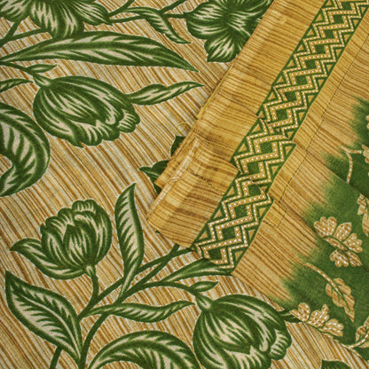Sanskriti Vintage Saree Green Pure Cotton Floral Print Sari Craft Fabric 5+Yard